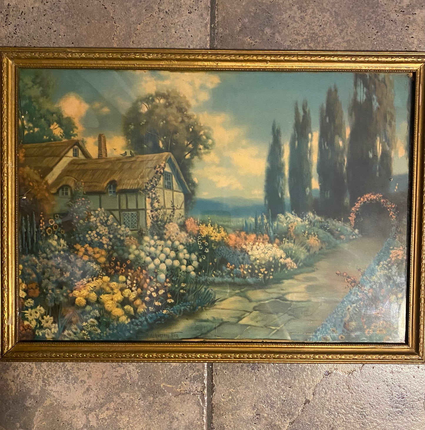 An Old Fashioned Garden by R. Atkinson Fox, 1920s Vintage Framed Lithograph