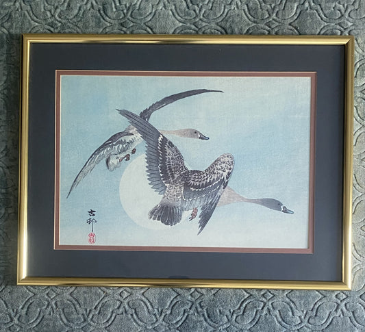 Rare Japansese Woodblock Print 'Two Geese in Flight with Full Moon' by Ohara Konson (1877-1943)